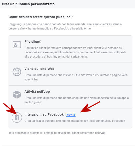 pubblico personalizzato facebook da pagina